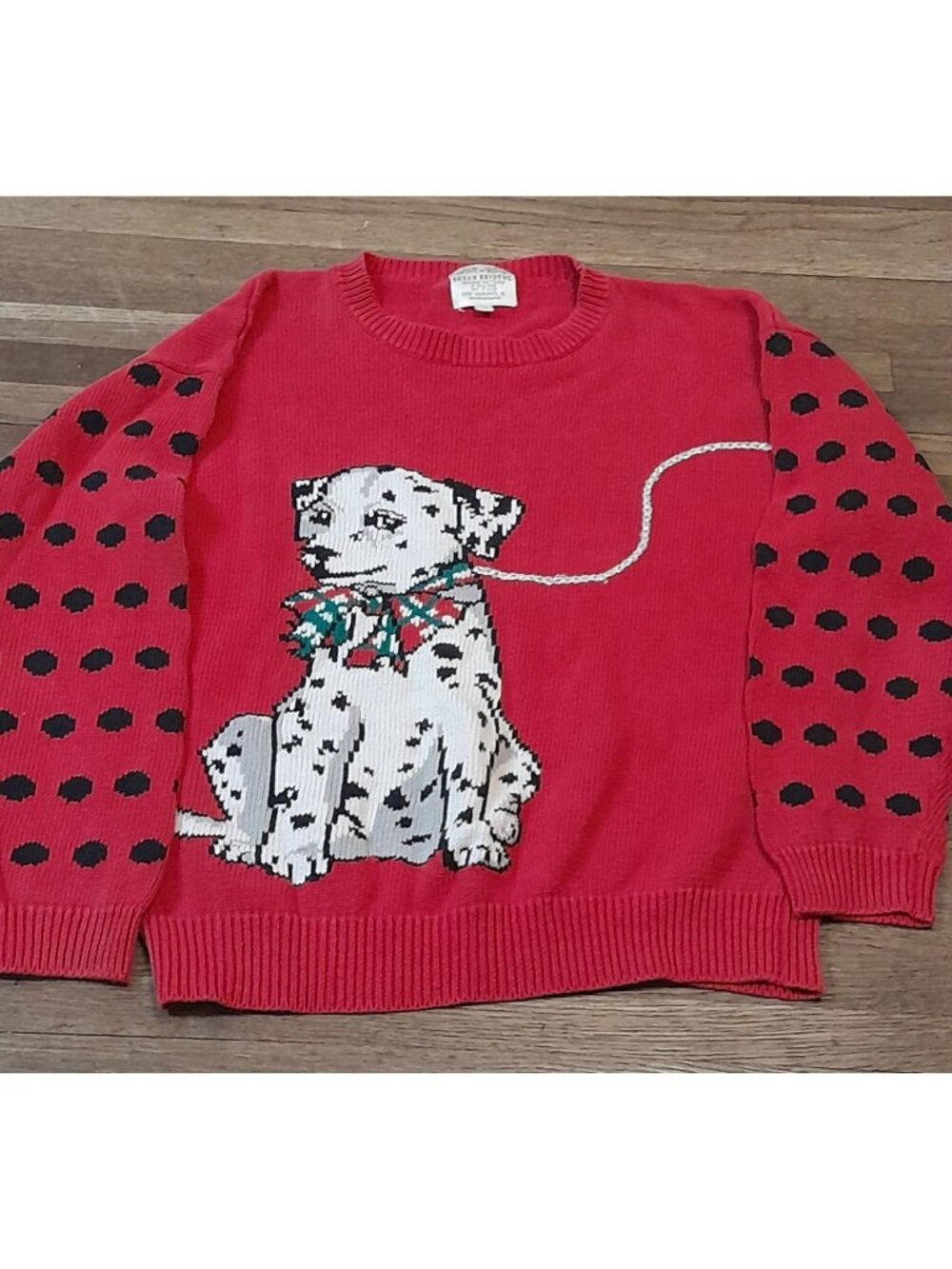 Vtg Susan Bristol Sweater Dalmation Puppy Christmas Holiday Sparkle Leash M